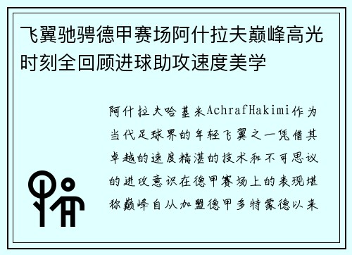 飞翼驰骋德甲赛场阿什拉夫巅峰高光时刻全回顾进球助攻速度美学