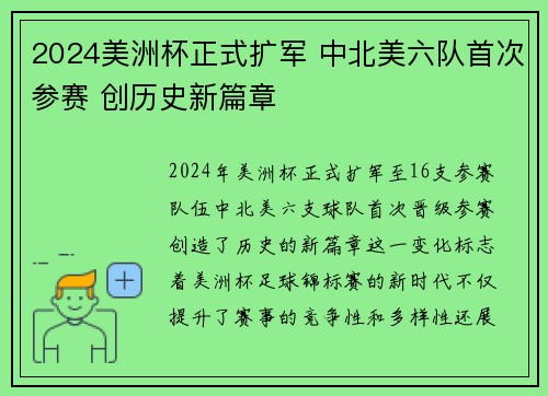 2024美洲杯正式扩军 中北美六队首次参赛 创历史新篇章